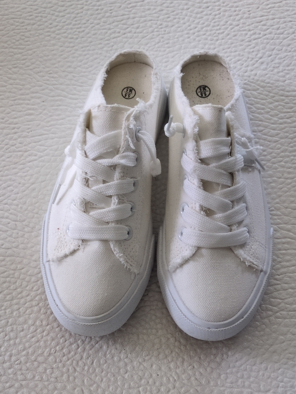 White Canvas Frayed Edge Lace-Up Sneakers